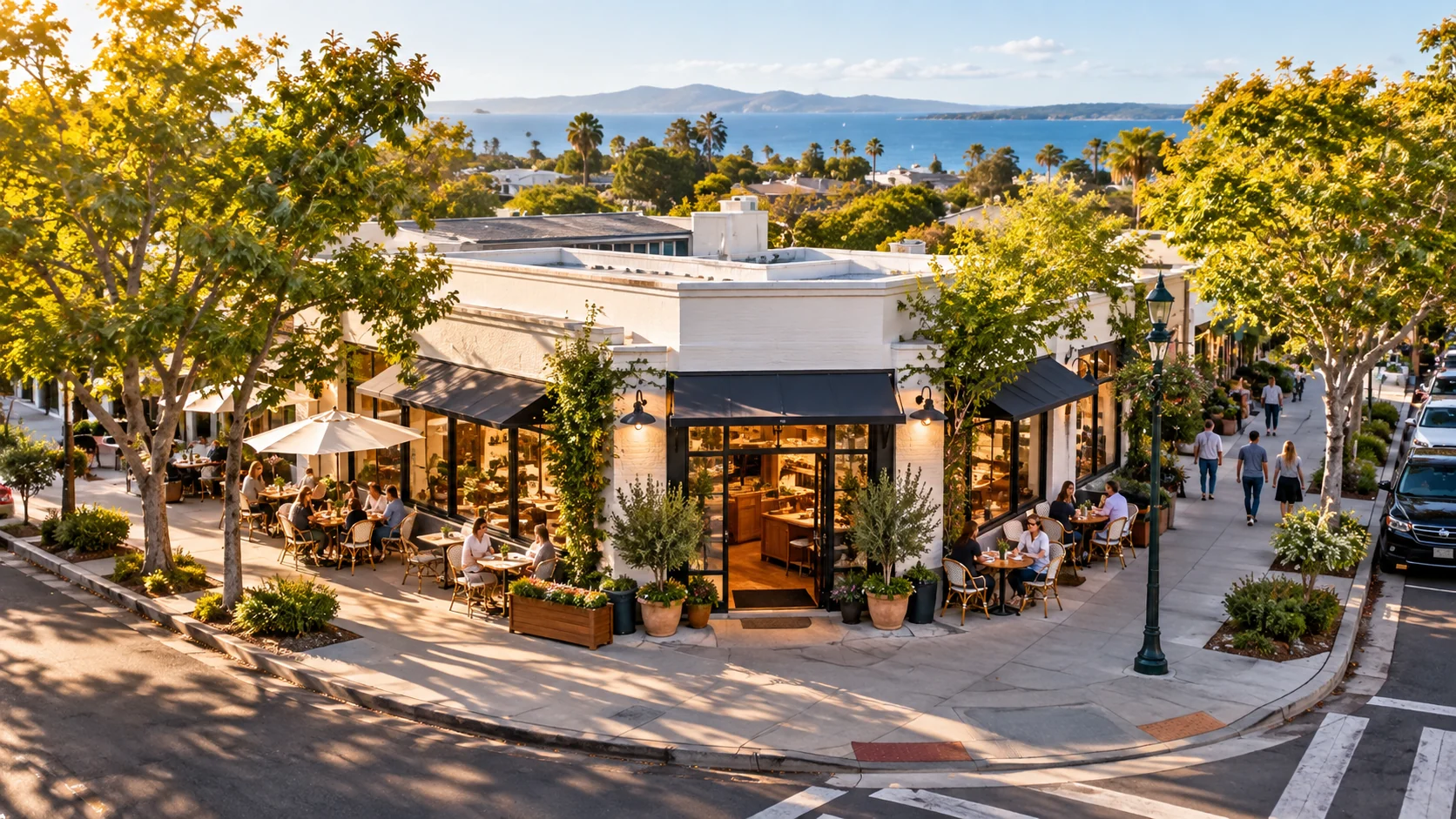 Storefront approach shown from a broad drone viewpoint