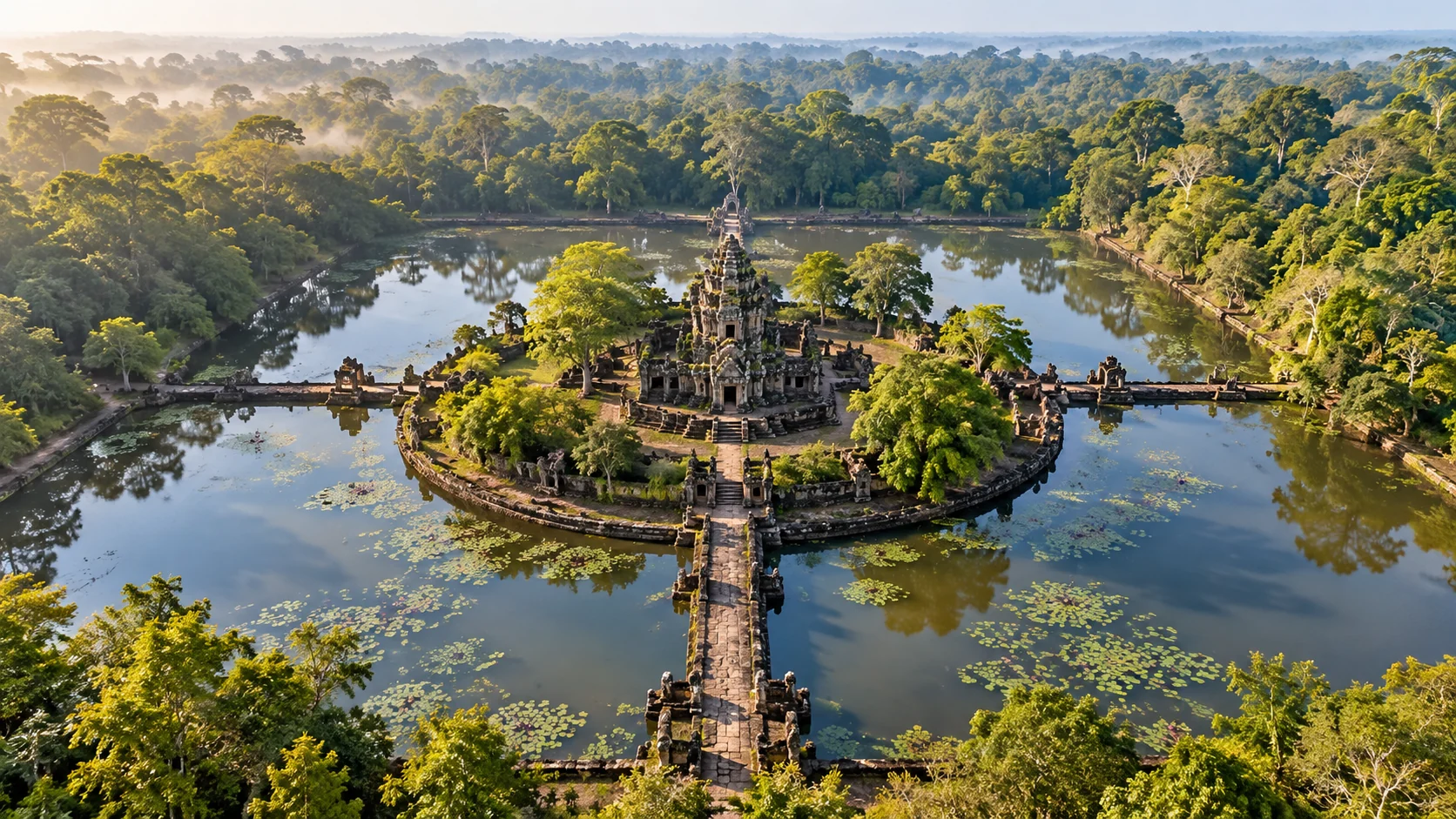 Temple aerial reveal shown from a broad drone viewpoint