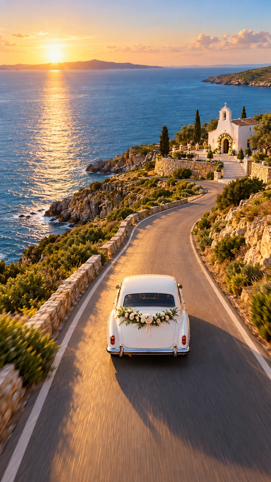 Wedding car follow shown from a broad drone viewpoint